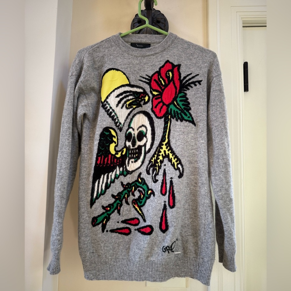 Vintage Diesel Greh Wool Grey Japanese Skull Sweater size M